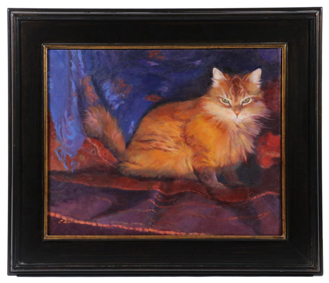 CAROLYN WHITAKER (ME/CA,1949-2018): "King of the Roost", oil on canvas, signed lower left, depicting a huge orange cat, in a molded walnut finish frame with gold liner, OS: 22 1/2" x 26 1/2", SS: 15 3/4" x 19 3/4". Fine condition.