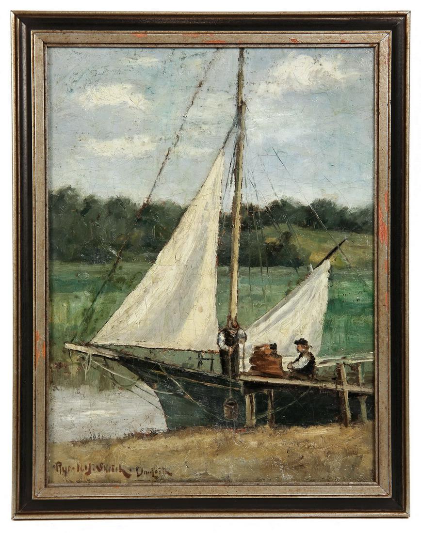 DANIEL LEITH (NY, 19TH C.): "Rye, NY Sketch", oil on canvas, signed and titled lower left, depicting two fishermen in boat dockside, in silver and black frame. SS: 15 1/2" x 11 1/2", OS: 18" x 14". Craquelure.