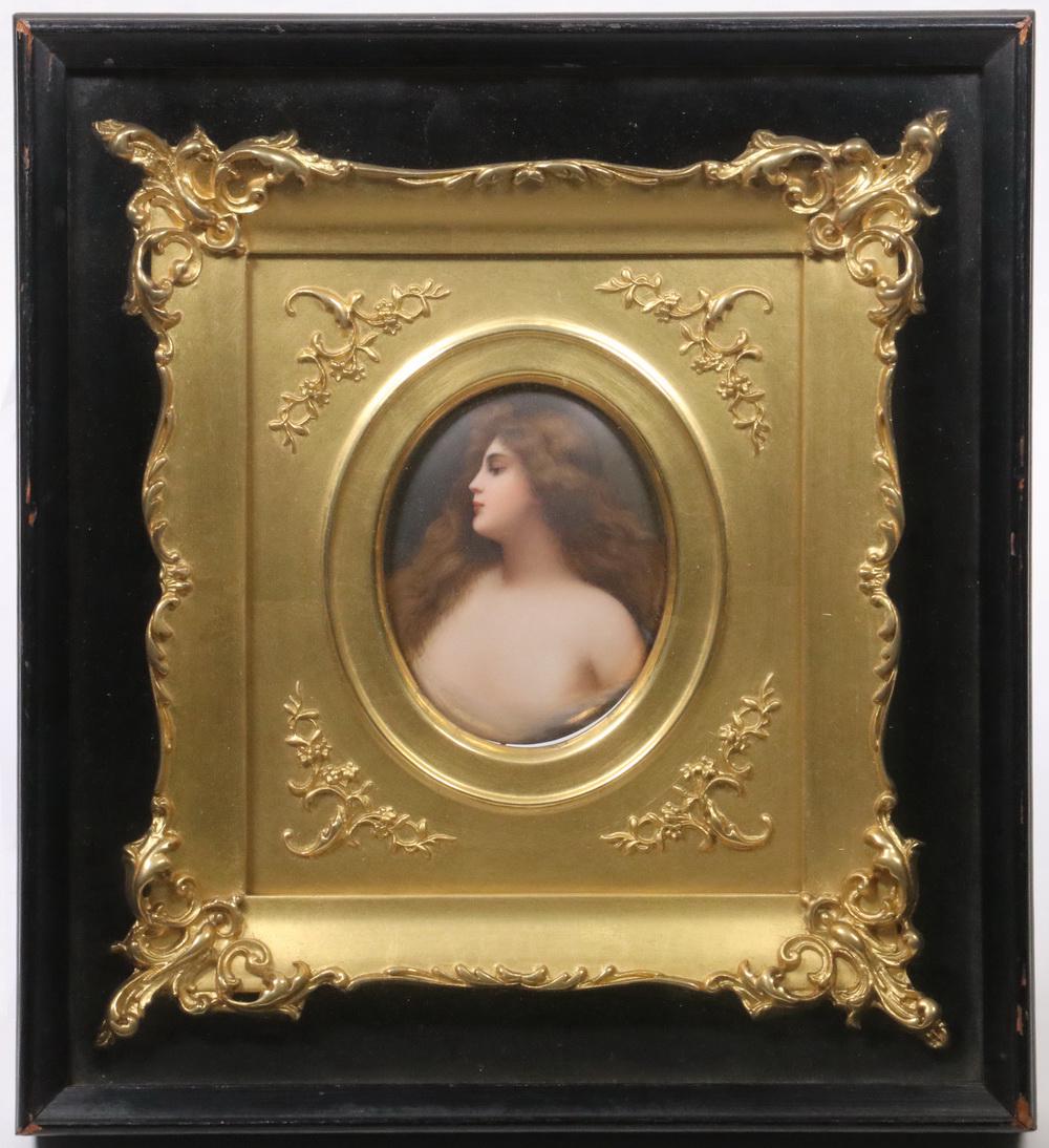 GERMAN PORCELAIN PLAQUE IN SHADOWBOX FRAME: KPM School partially nude portrait plaque of the Classical Greek nymph, Erbluht, after the original by Angelo Asti (1847-1903), housed in a foliate decorated giltwood frame, within a shadowbox, circa