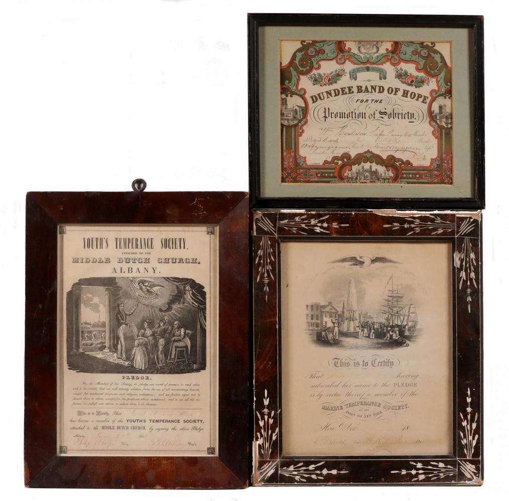 (3) EARLY TEMPERANCE CERTIFICATES, FRAMED: Including: "Marine Temperance Society of the Port of New York" for Manuel P. Loring, dated Feb 14th, 1882, in Eastlake frame, signed by M.R. Frisbie as Pres. & C. Davis as Secy, with albumen photo ver
