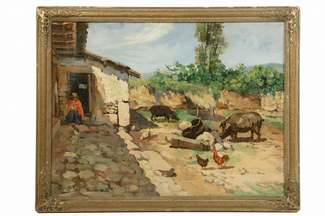 JOSE YEPEZ ARTEAGA (ECUADOR, 1898 - ?): "Chiriaco-Quito", oil on canvas, signed and titled lower left, depicting a farm on the Peruvian border. In gold matched corner frame. SS: 12" x 16", OS: 14" x 18". Good condition.