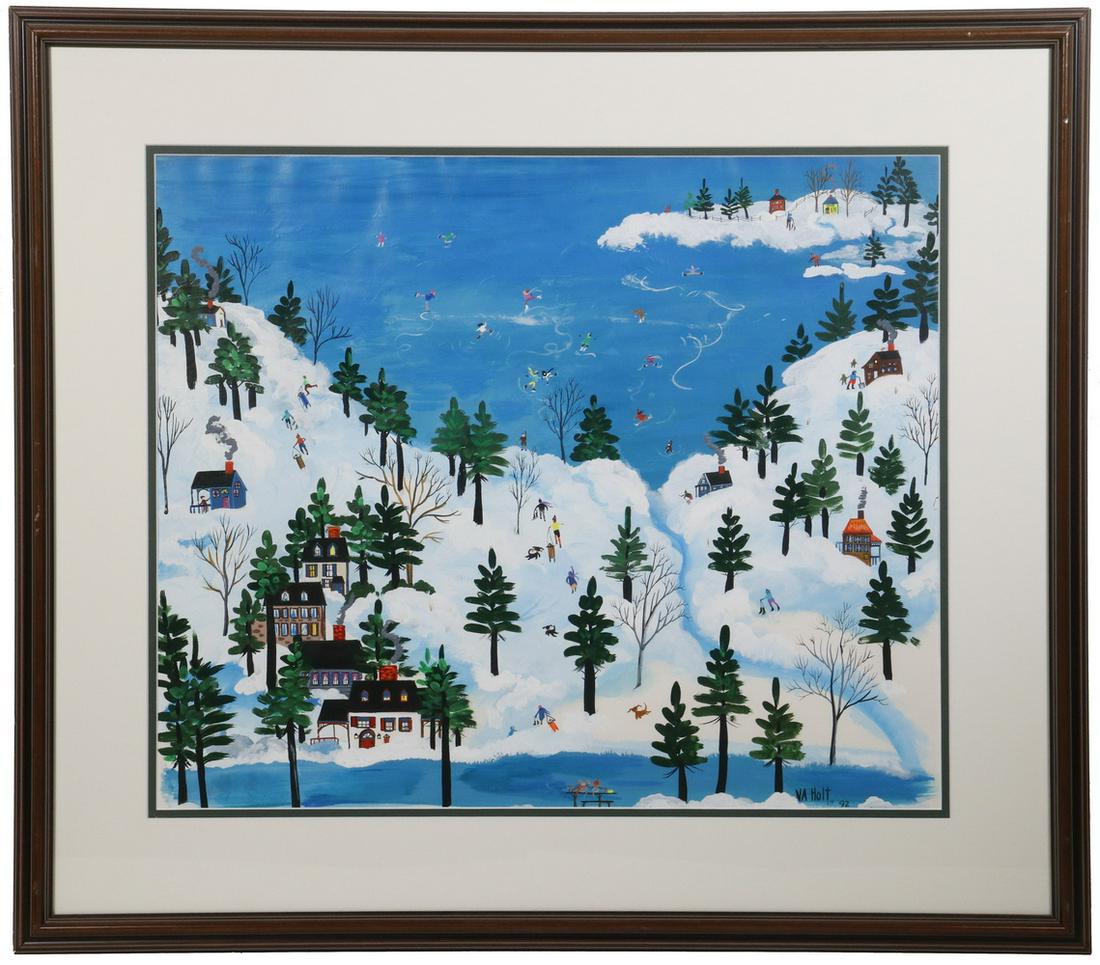 VICTORIA ANN HOLT (CA/MEXICO, CONTEMPORARY): Folk Art Winter Scene, acrylic on paper, signed 'V.A. Holt" lower right and dated '92, in a molded wooden frame and double mat, OS: 25 1/4" x 25 3/4", SS: 17 1/4" x 20 3/4". Good condition.
