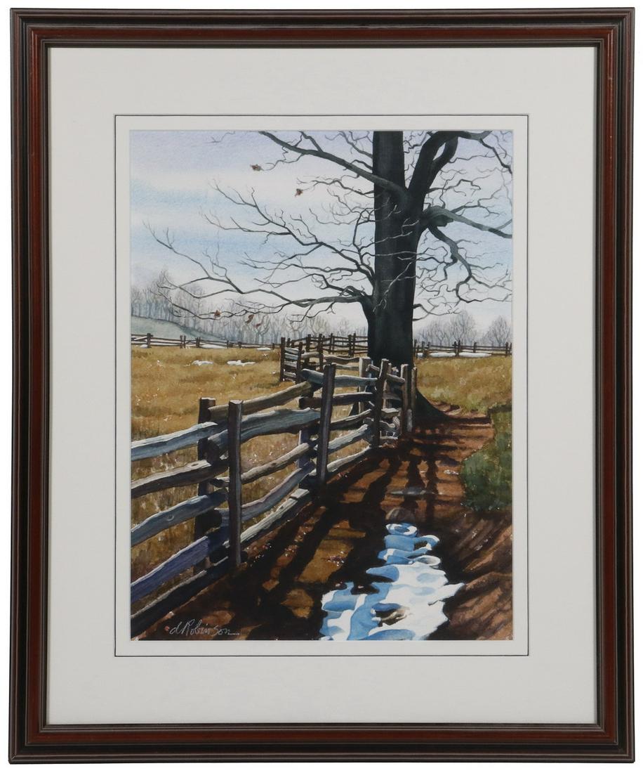 LANDSCAPE WATERCOLOR BY D. ROBINSON: Late Winter Rural Landscape, watercolor, signed lower right 'D. Robinson', depicting a tree and fence with remnants of winter snow, in molded wooden frame with cream colored mat, OS: 20 5/8" x 17 1/8"