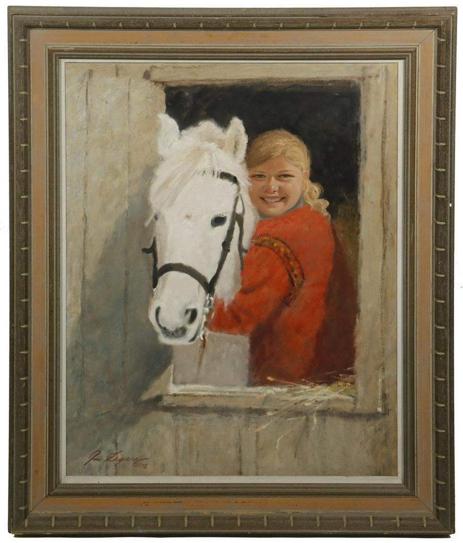 JON LEGERE (ME, 1944-1996): A Girl and Her Horse, oil on masonite, signed lower left and dated 1978, in a hand carved frame with fatigued finish, OS: 34 1/2" x 28 1/2", SS: 27 1/2" x 21 1/2". Good condition. Provenance: From the
