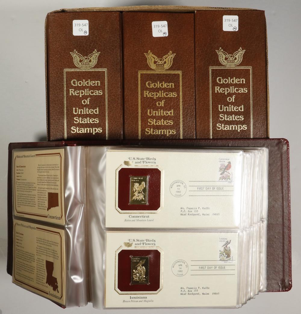 (4) BINDERS POSTAL COMMEMORATIVE SOCIETY GOLDEN REPLICA: Including: (3) "Golden Replicas of United States Stamps - Proof Replicas on a Gleaming Surface of 22k Gold" (FDC's) - I.) (87) Feb 1, 1980 - May 21, 1990; II). (78) Sept 28, 1990 - Oct 17, 1991; III).