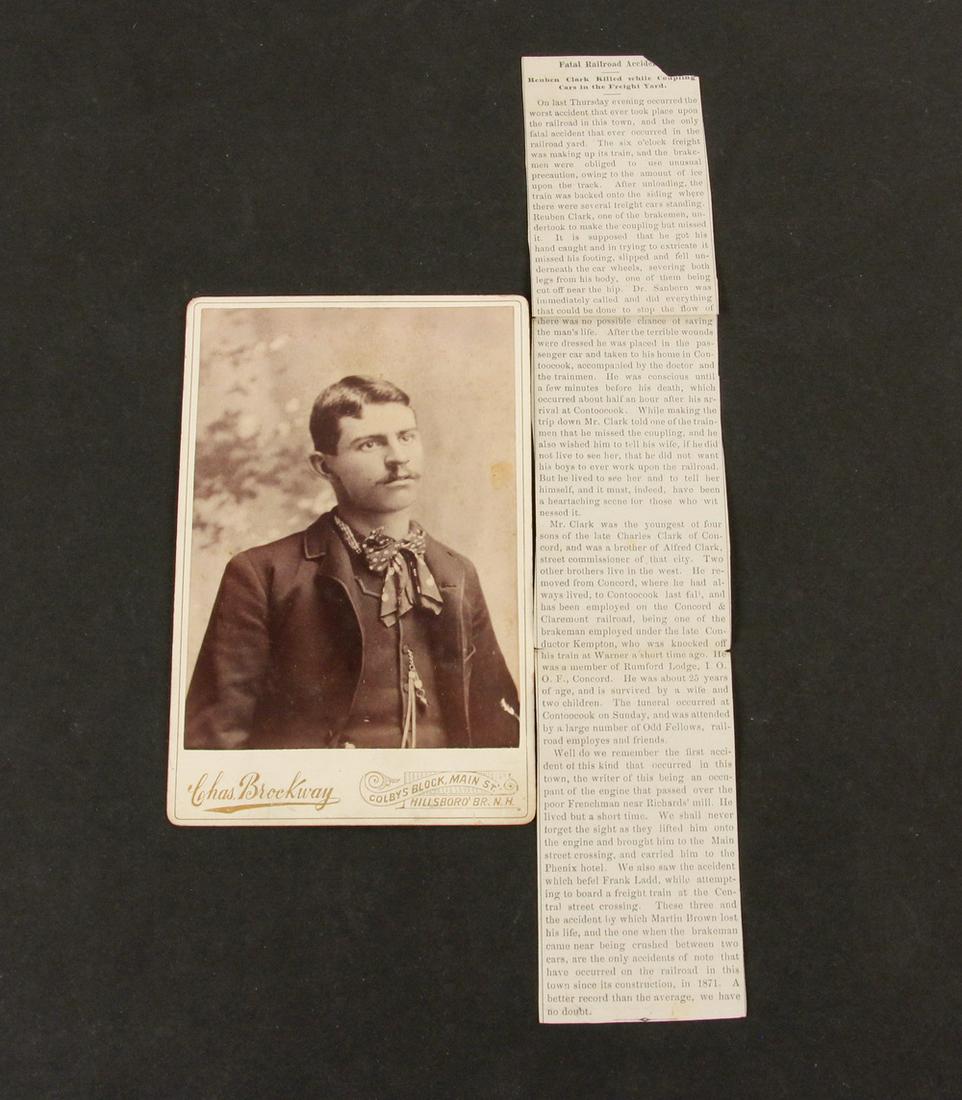 CABINET PHOTO OF YOUNG RUMFORD, NH. RAILROAD BRAKEMAN: Photo of young Reuben Clark, who died Dec 17th, 1891, in Rumford (now Concord) New Hampshire, after losing both legs to a slip on icy rails that pulled him under the wheels of a car. Includes an origi