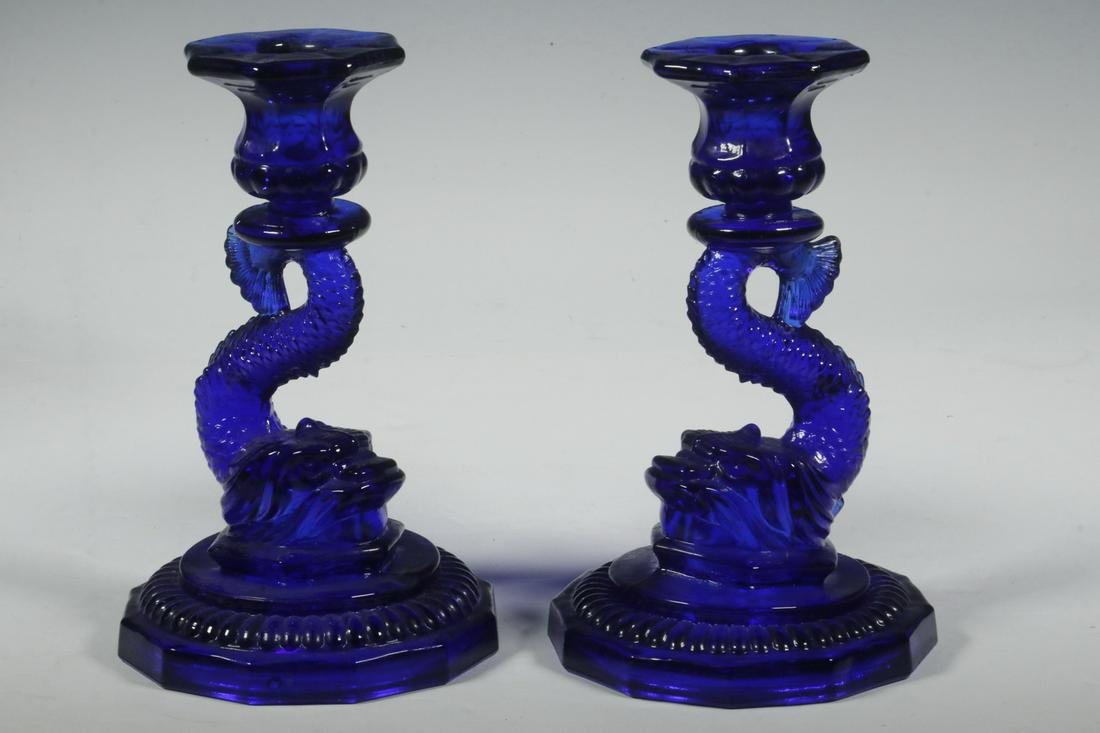 PR COBALT GLASS DOLPHIN FORM CANDLESTICKS (1 of 1)