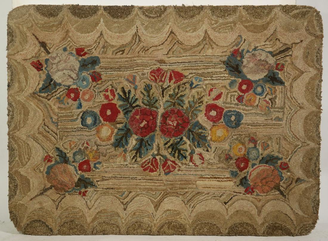 FLORAL HOOKED RUG MOUNTED ON FRAME (1 of 3)