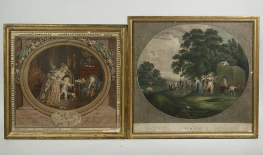 (2) FRAMED EARLY PRINTS: Lot of (2) 18th and 19th c. European Prints, incl: "Summer" hand colored engraving depicting field workers, after a drawing by Thomas Hearne (UK, 1744-1817), engraved by W. Ellis, in a gilded wooden f