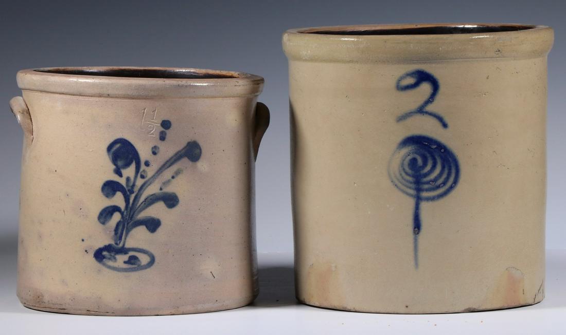 (2) COBALT DECORATED STONEWARE CROCKS (1 of 3)