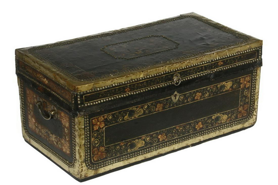 19TH C. CHINESE BRASS BOUND PIGSKIN CAMPHOR WOOD TRUNK (1 of 4)