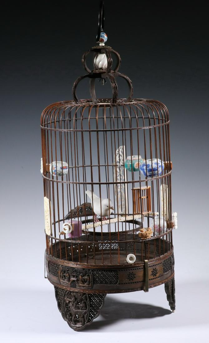 CHINESE RATTAN BIRDCAGE WITH ACCESSORIES (1 of 5)