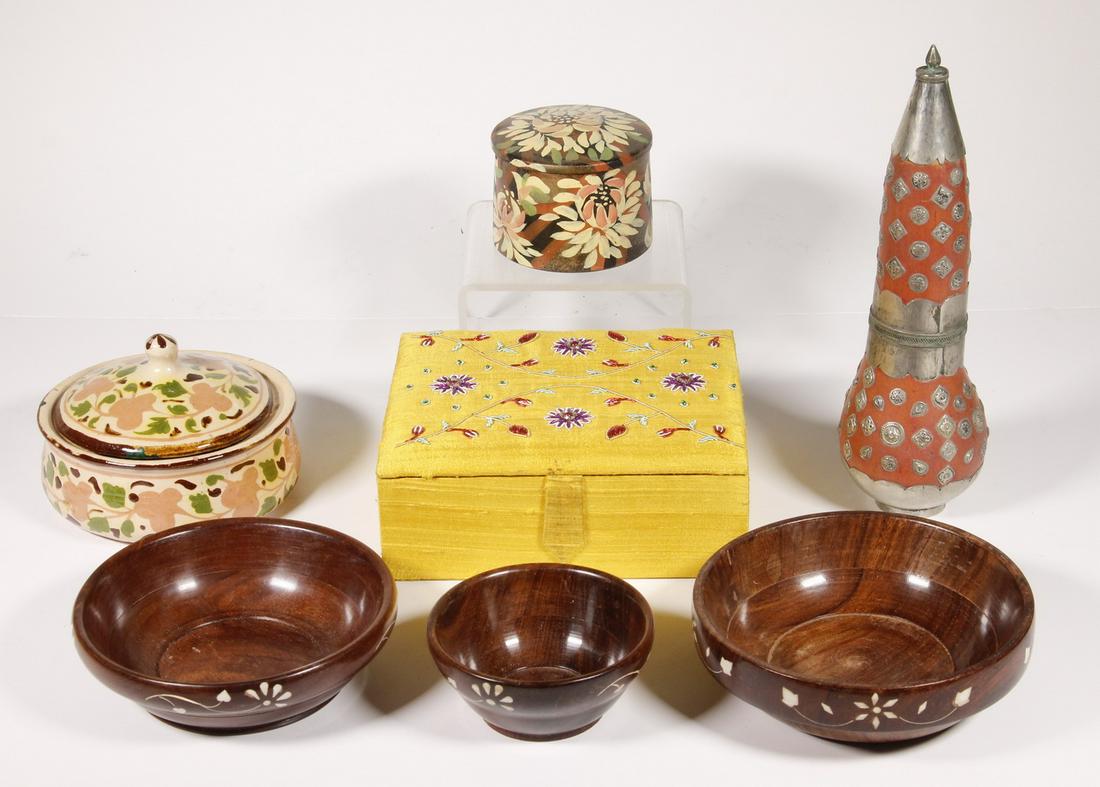 (8) INDIAN ACCESSORIES: Collection of (8) Hand Crafted Items from India, including: Silk covered hinge lid box with beaded decoration, 2 1/2" high, 7" x 6"; Floral painted round wooden lidded box, 3" high, 3 1/2" diam.; Roun
