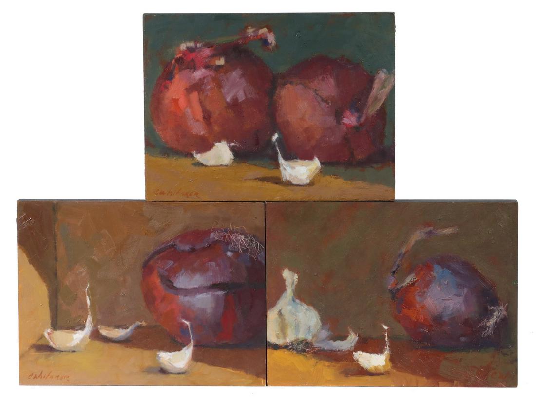 CAROLYN WHITAKER (ME/CA,1949-2018): Triptych of Garlic and Onions, oil on hardboard, two of the three signed, the third signed verso, unframed, with black painted edges, 6" x 8". Fine condition.