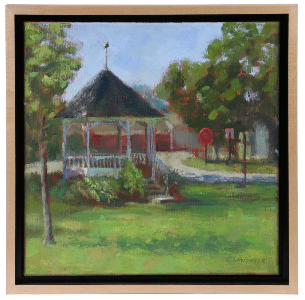 CAROLYN WHITAKER (ME/CA,1949-2018): "Union", oil on canvas, signed lower right, titled on tag verso, depicting the gazebo in the Midcoast Maine town, housed in a birch slat frame with shadowline, OS: 13 1/2" square, SS: 12" square. Fine