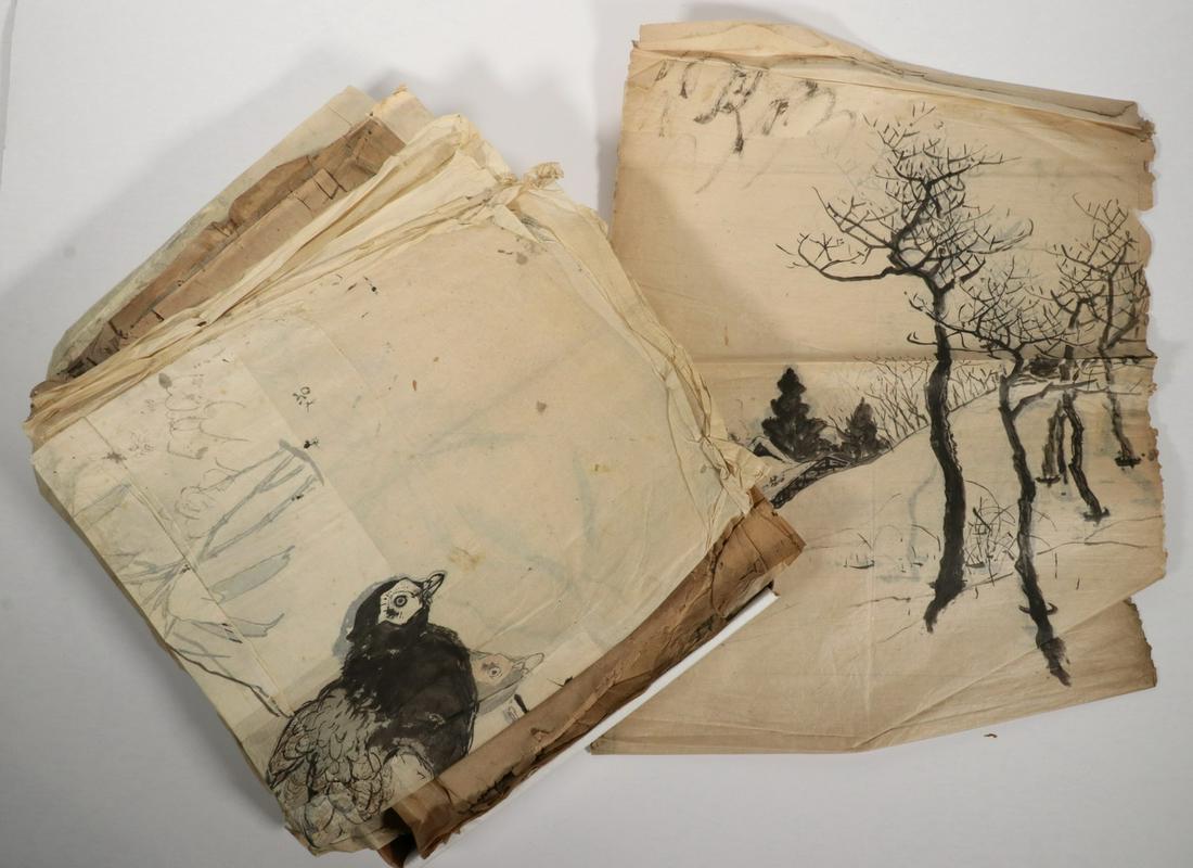(33) EARLY 20TH C. JAPANESE SUMI INK DRAWINGS ON TISSUE (1 of 2)