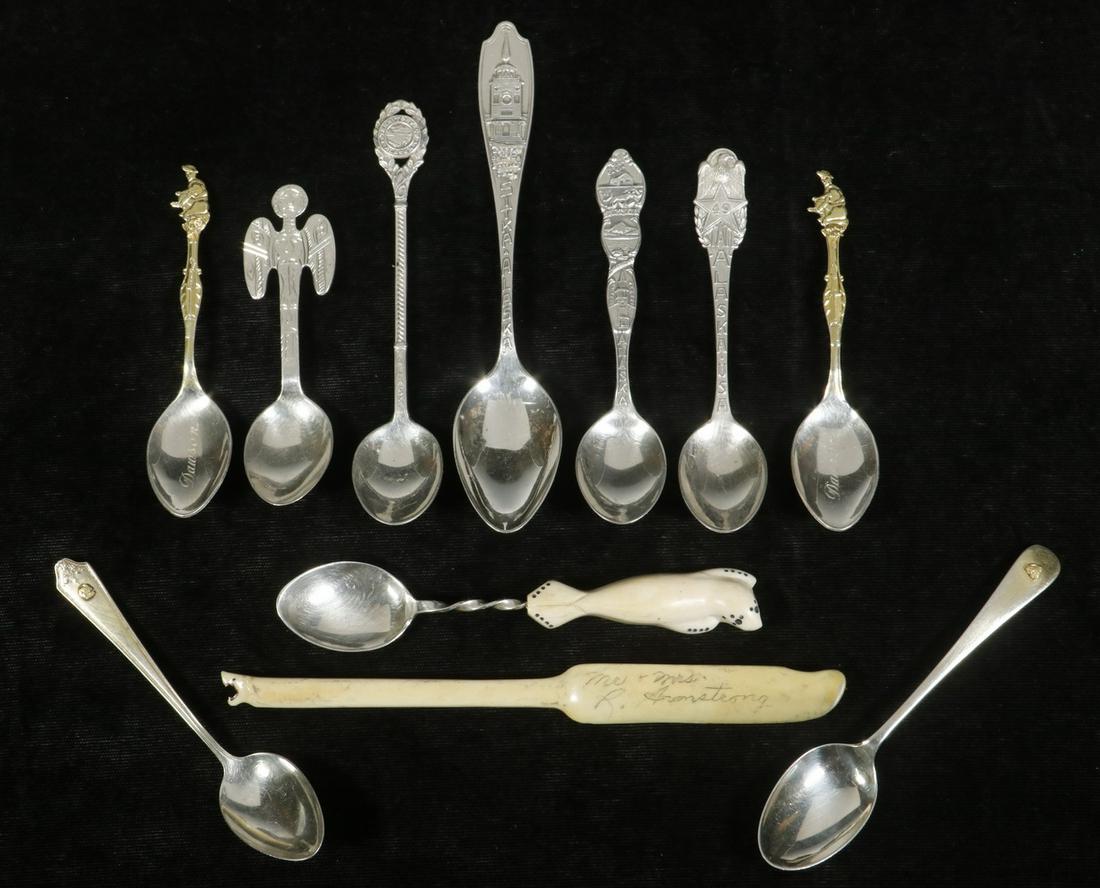 (11 PCS) ALASKA SILVER & WALRUS TUSK FLATWARE: Group of (11) Assorted Alaska Souvenir Flatware, commemorating Alaska statehood, towns, Native Americans or gold, incl: (10) Sterling spoons, one with carved walrus form handle, one hallmarked for Coo