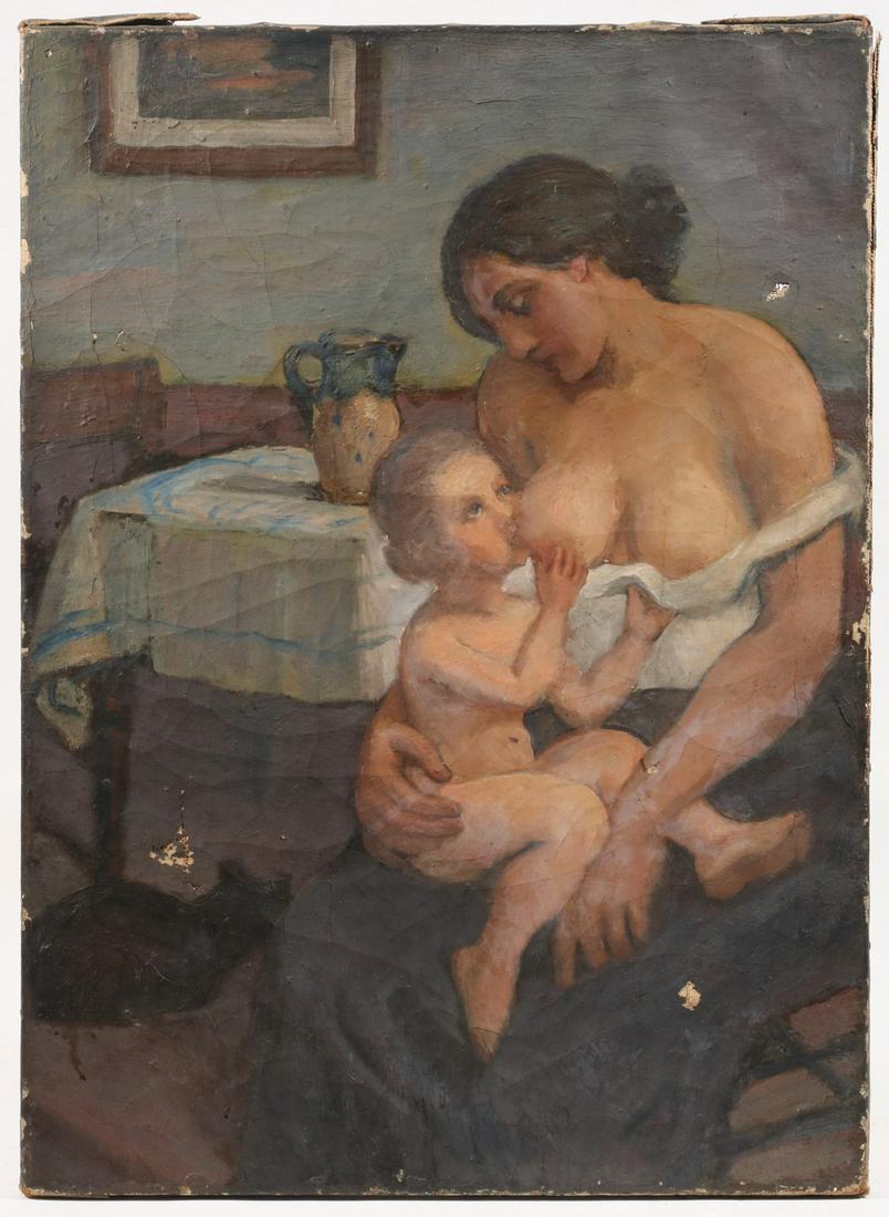 1930'S CONTINENTAL GENRE PAINTING: Woman Breast Feeding at a small kitchen table with cloth and pitcher, a black cat at her feet, probably French, oil on canvas, unsigned, unframed, 16" x 22". Craquelure, several punctures, rippled.