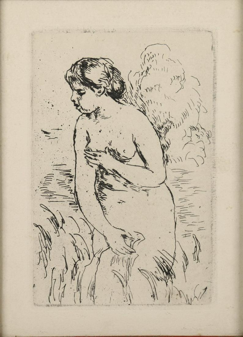 PIERRE AUGUSTE RENOIR (FRANCE, 1841-1919): "La Bagneiuse" (The Bather), lithograph, (Delteil #23), unsigned, with original label verso from Art Collectors Company, 82 Christopher Street, NY. Housed in a gilt cove frame with salmon velvet mat, 