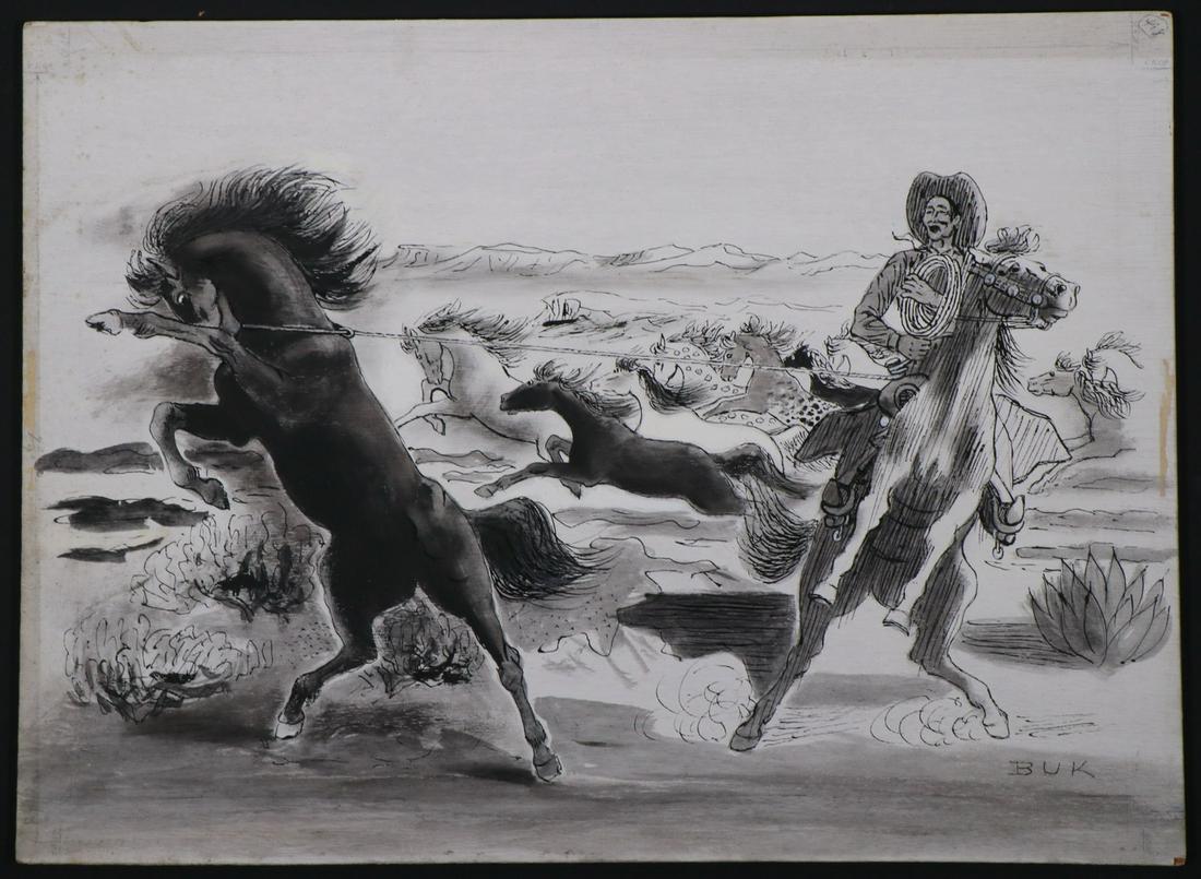 EDUARD BUK ULREICH (CA/NY/HUNGARY/AUSTRIA, 1889-1966): Lasooing Wild Mustangs, ink on primed luan plywood, signed "BUK" lower right, probably an illustration, includes a split image photo layout, also addressed to "Louis Koster, 143 East 40th, New York 16