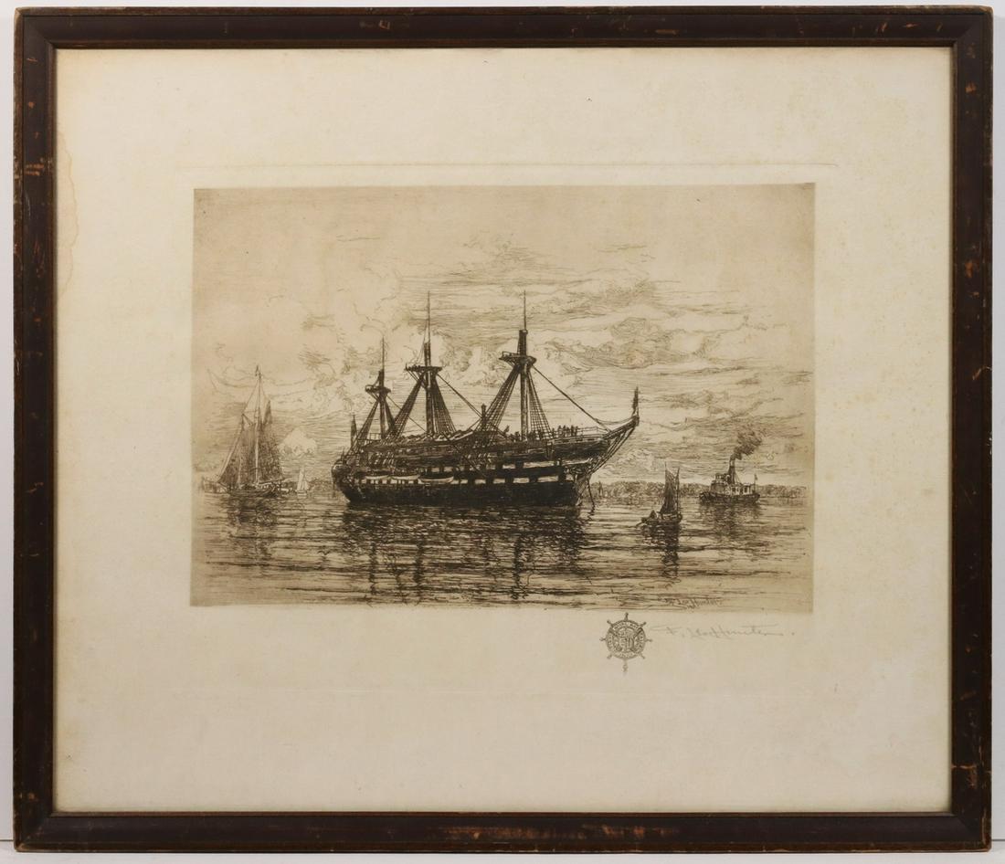 FREDERICK LEO HUNTER (NY, 1858-1943): USS Constitution as Naval Training Ship, Charlestown Harbor, sepia etching on paper, signed in print and dated 1901, also pencil signed and with remarque seal of the "First Naval Battalion, NY", in ma