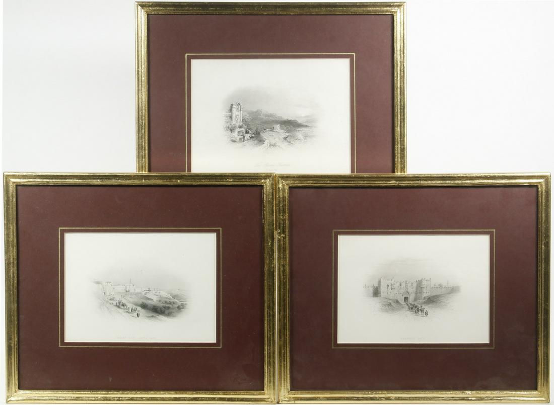 DAVID ROBERTS, R.A. (UK, 1796-1864): (3) Small framed Views of Jerusalem, including: "The Apostle's Fountain, St. Paul's Bay"; "Damascus Bay"; "Mount Zion, Jaffa Gate", engravings on paper, probably bookplates, in matching gilt molded fr