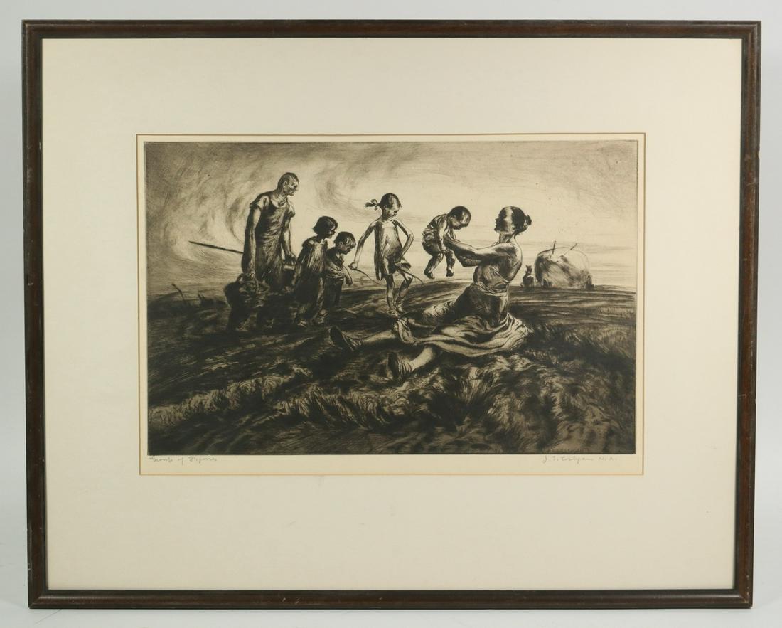 JOHN EDWARD COSTIGAN (RI/NY, 1888-1972): "Group of Figures", etching on paper, pencil signed and titled in lower margin, Associated American Artists label verso, WPA era, depicting an emaciated family of six in a barren American dust bowl fi