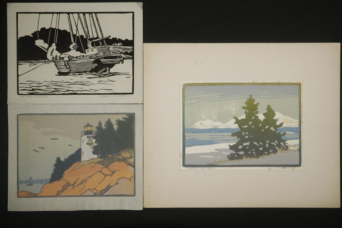 CHARLES HENRY RICKERT (ME/MA, 1880-1974): (3) Unframed Woodblock Prints, all of Maine, including: "Winter, Mount Desert, in color; Lighthouse with Bell, in color; "Up for Repairs", black & white, the first and third pencil signed and titled,
