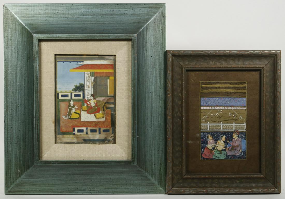 (2) FINE MUGHAL MINIATURE PAINTINGS, FRAMED: Including: A Garden Scene with two women and a man kneeling as he presents them a rose, in a 1920's presswood gold frame, glazed, OS: 10 1/2" x 8 1/4", image: 5 3/4" x 3 1/4"; PLUS One Woman addressin