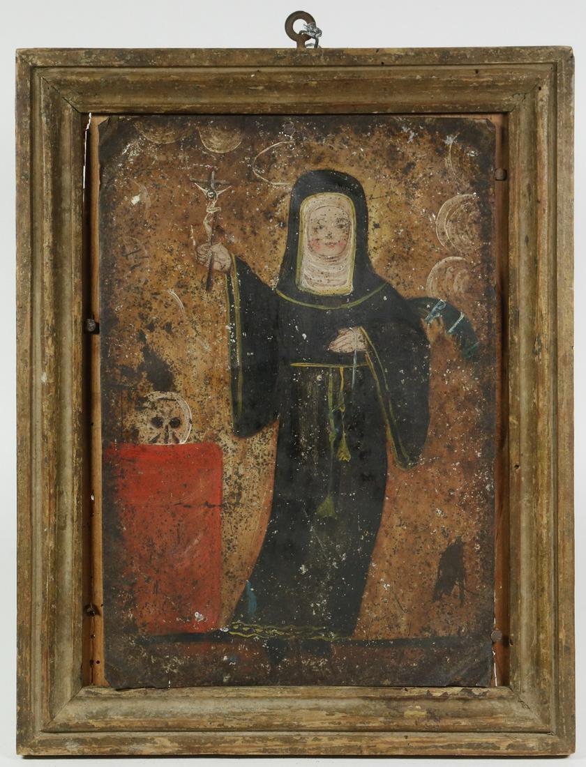 MEXICAN RETABLO OF ST. RITA DE CASCIA: 19th c. Mexican Folk Art Painting on Tin, probably depicting Santa Rita de Cascia, a 15th c. Italian widow and nun titled 'Patroness of Impossible Causes' and venerated as the saint of mothers, abused