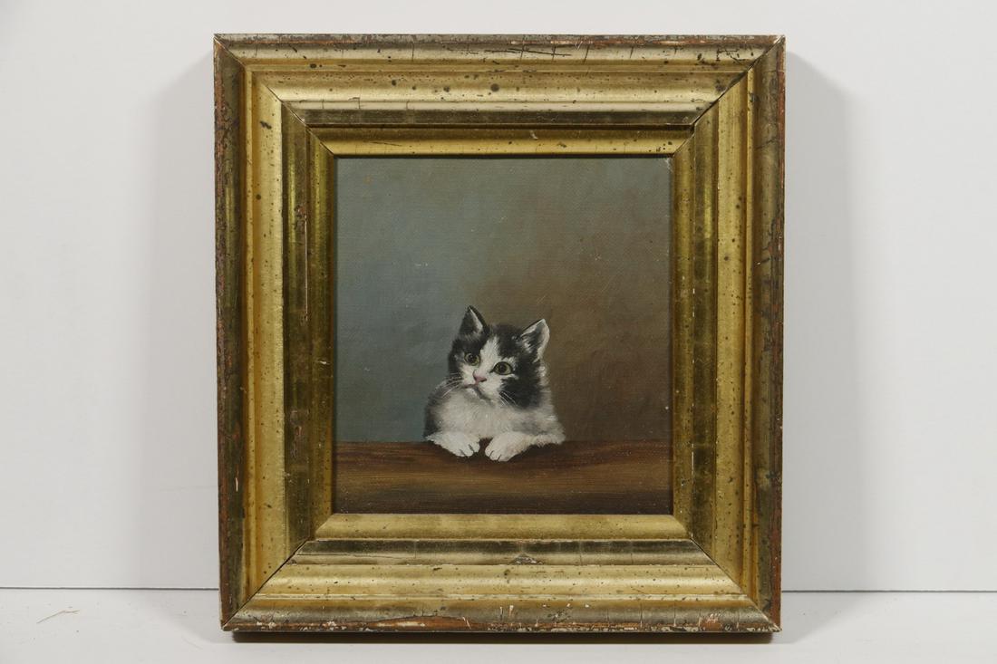 PRIMITIVE PAINTING OF A KITTEN: Black & White Kitten with paws on table, oil on canvas laid to board, in lemon gold flyspeck molded frame, OS: 8 1/2" x 8", SS: 5 1/2" x 5". Good condition.