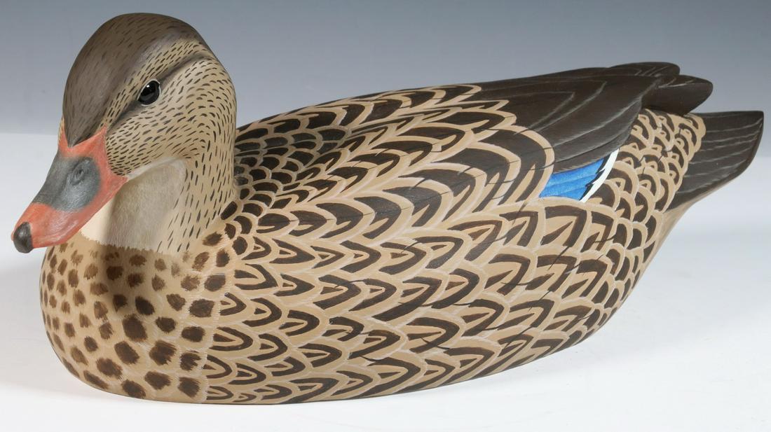 STEVEN HENSEL (ME, 20TH C.) DUCK DECOY: Carved and Painted Female Mallard Display Decoy, with detailed coloration, glass eyes, incised 'Hensel, 1997' on base, 6 1/4" high, 16" x 6 1/4". Good condition.