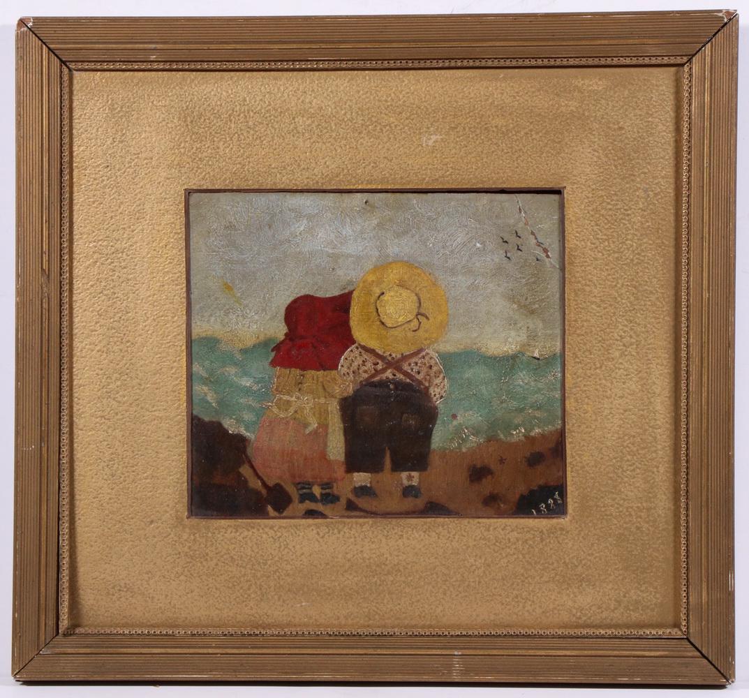 SUNBONNET KIDS PAINTING AFTER BERTHA CORBETT (CO/CA/MN,: Little Boy and Girl Looking Out over Ocean, oil on board, unsigned, dated 1888 lower right, in gold painted frame with gold mat, no glass, OS: 13" x 14", SS: 6 1/2" x 7 1/2". Bend upper right, needs c