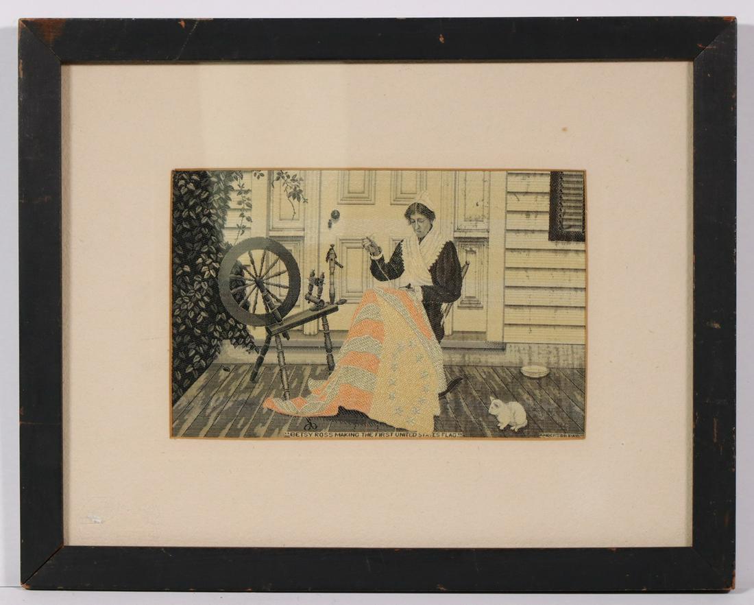 HISTORIC AMERICAN PICTORIAL WEAVING: Woven Silk Stephenograph Style "Betsy Ross Making the First United States Flag", by the Anderson Bros., ca. 1890, made in Paterson, NJ, jacquard-woven after a picture in the collection of The Metropol