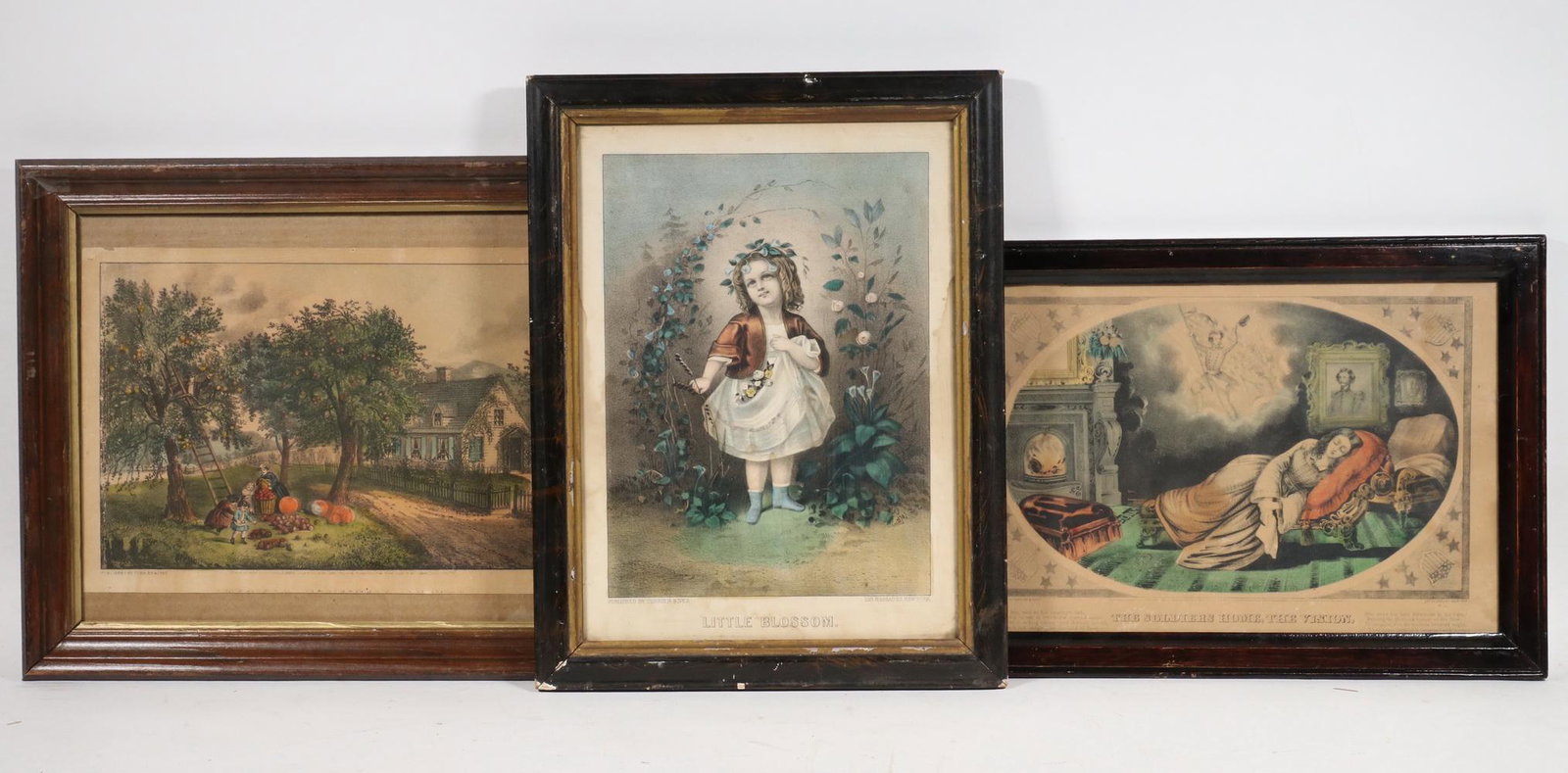 (3) FRAMED VINTAGE CURRIER & IVES PRINTS: All hand colored lithos in what appear to be the original frames, including: "The Soldier's Home, The Vision", 1862, walnut frame with old glass, 11 1/4" x 16": PLUS "American Homestead, Autumn", 1859