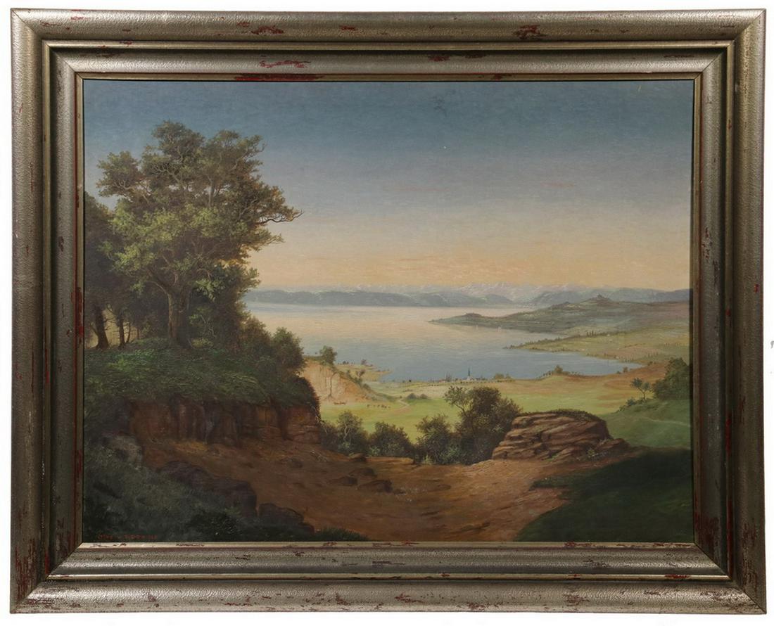 OTTO VON PIDOLL (GERMANY, 1908-1982): Bavarian Vista of Lake and Village viewed from mountainside, oil on masonite, signed lower left and dated 1940, in a silver molded frame, OS: 34 1/2" x 43", SS: 27" x 35 1/2". Good condition.