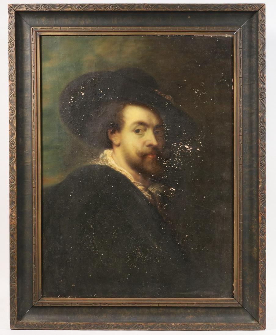 GRAND TOUR COPY OF A PETER PAUL RUBENS (1577-1640) SELF: Self Portrait of 1623, circa 1890s, oil on canvas with export wax seal, inscribed verso "Rubens, (autoritratto), Copie d'all originale, E. Branchini, Studio: Viale Petrarca, Firenze", in a pressed woo