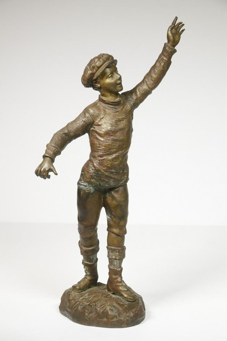 GEORGES OMERTH (FRANCE, ACTIVE 1895-1925): The Messenger Boy, cast and patinated bronze, signed on integral base, 16" tall. Slight separation at shoulder, good condition.