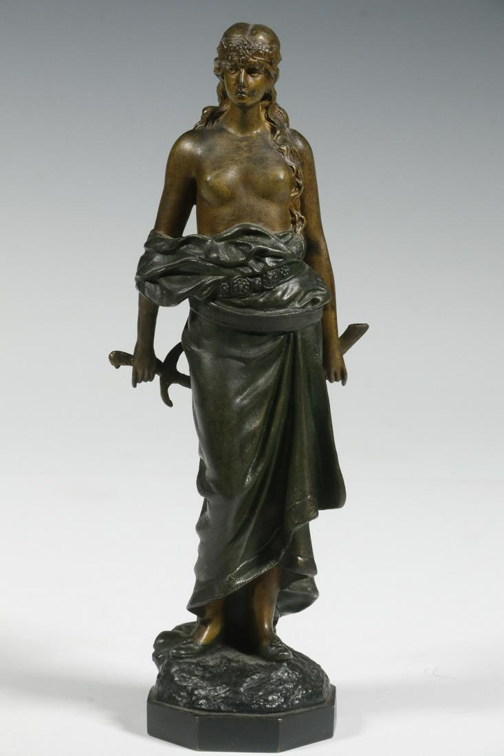 E. TELL (GERMANY, 19TH/20TH C.) SPELTER SCULPTURE: Judith, painted spelter sculpture, signed 'E. Tell' and stamped '338', depicting the heroic Hebrew woman who beheaded the Assyrian general Holofernes, with an octagonal base, 8 3/4" high, 3 1/4" x 2 3