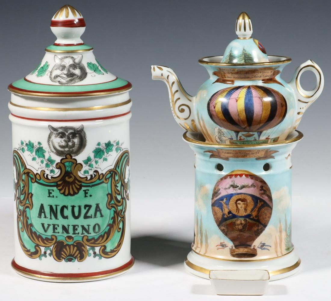 (2 PCS) FRENCH PORCELAIN APOTHECARY JAR & VEILLEUSE: (2) Piece Lot of Vintage French Hand Painted Porcelain, 20th c., incl: Lidded apothecary jar with painted label "E.F. Ancuza Veneno", base with painted mark 'P. Bousquet Apothecaire a Toulouse', 10" h