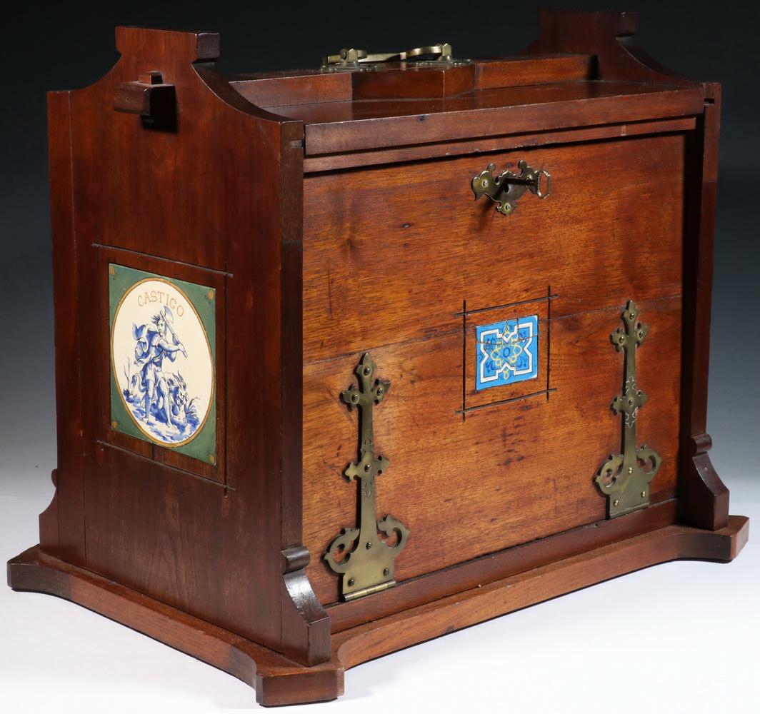ENGLISH TRAVELING SECRETARIAL CABINET: Aesthetic Period, red walnut with inset Minton-Hollins & Co. tiles "Castico" and "Capriccio": Chaste & Whimsical; plus a small blue geometric tile on drop front door (broken). Mortise and tenon constr