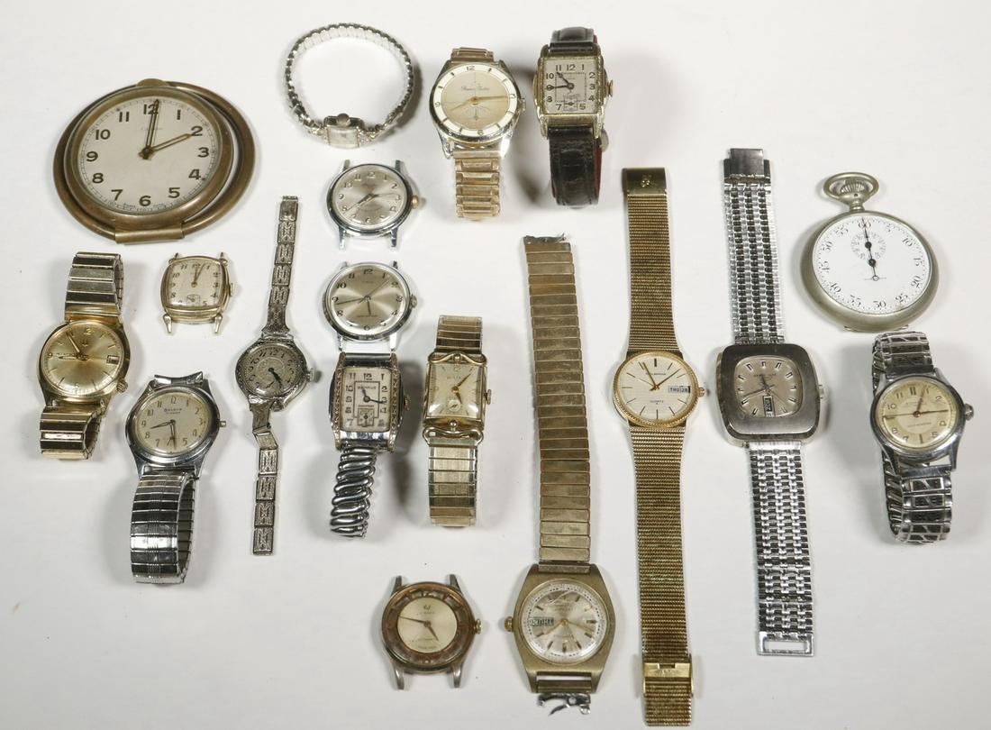 (18 PC) WATCH & CLOCK LOT: Collection includes: (1) Travel clock by Cartier, Cortland, 15-jewel with Swiss movement, 2 1/2" high; (1) Himalaya stopwatch, 2 5/8" x 1 7/8"; and (16) Assorted Gents and Ladies wristwatches (incl. H