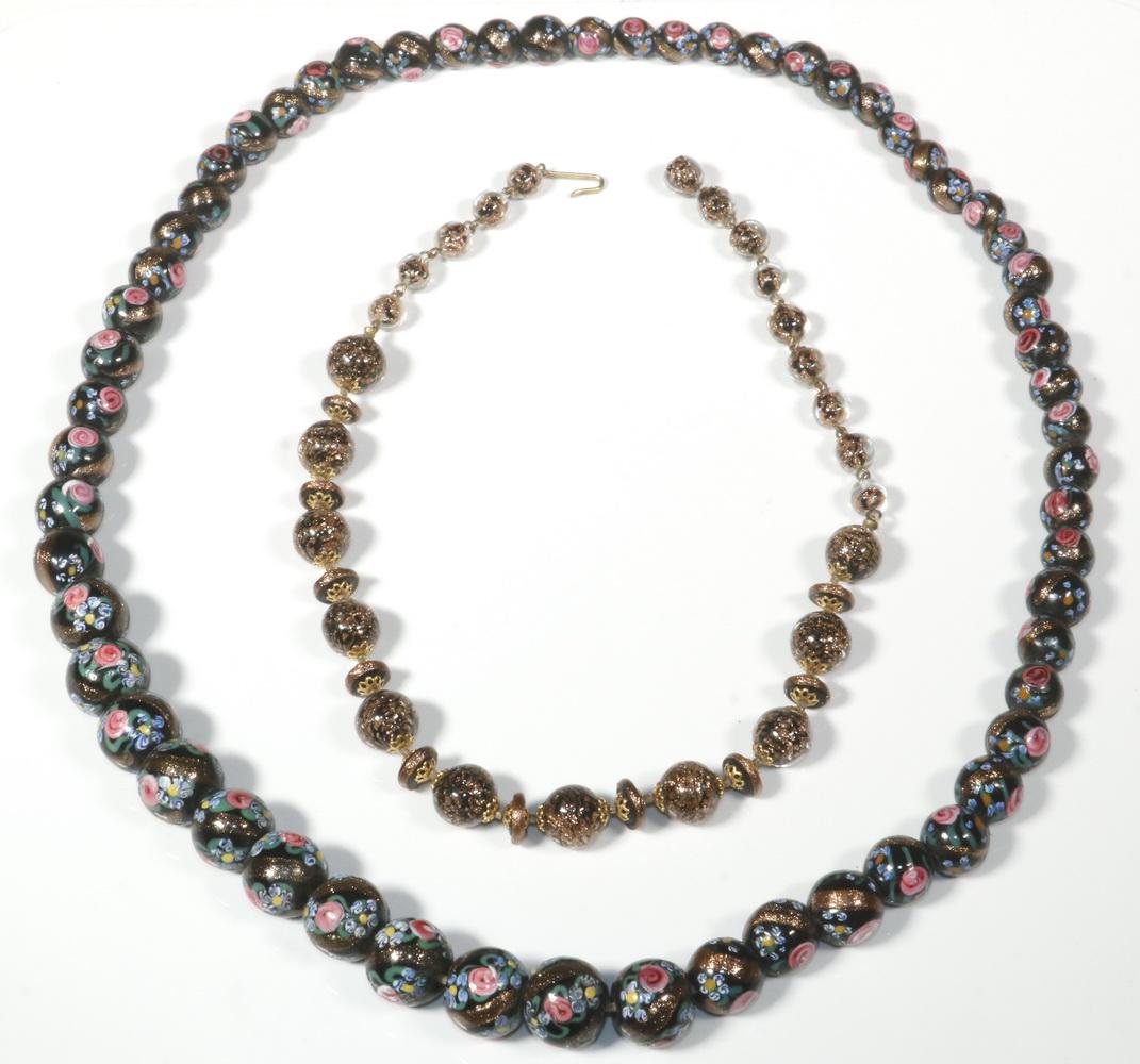 (2) ITALIAN VENETIAN BEAD NECKLACES: Lot of (2) Vintage Art Glass Bead Necklaces, incl: Necklace with two sizes of glass beads with gold and black foil beads, 17" long; and Venetian Wedding Cake (Fiorato) necklace, graduated beads in mul