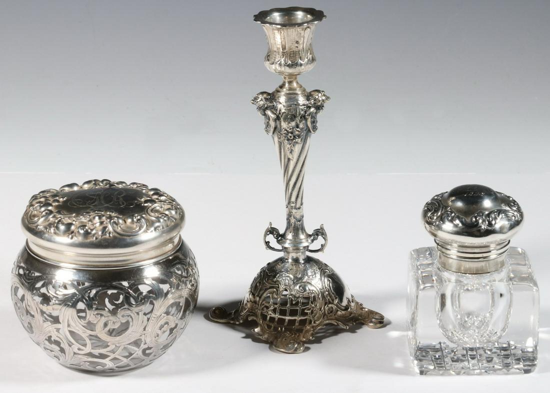 (3 PCS) SILVER ACCESSORIES: Group of (3) Silver Desk and Vanity Items, incl: Late 19th c. Gorham sterling topped square brilliant cut crystal inkwell, # S1945, date mark for 1894, base cut with cane pattern, 3 1/4" high, 2 3/8" 