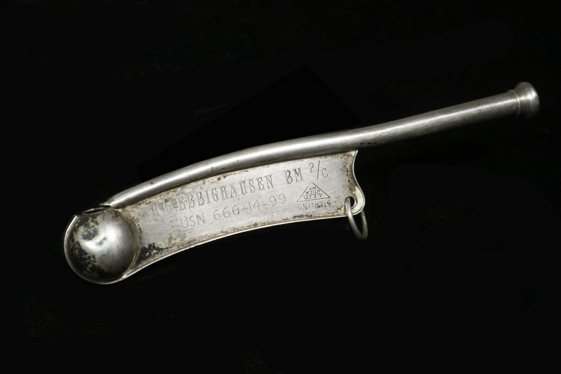 IDENTIFIED USN SUBMARINER BOSUNS WHISTLE, STERLING: Bosuns or Boatswains Whistle by A.E. Co. of Utica, NY, marked Sterling, engraved "R.B. Ebbighausen BM 2/c, USN 666-14-49" on one side of flange and "U.S.S. Tuna (SS-203) on the other, 5 1/2" long. His