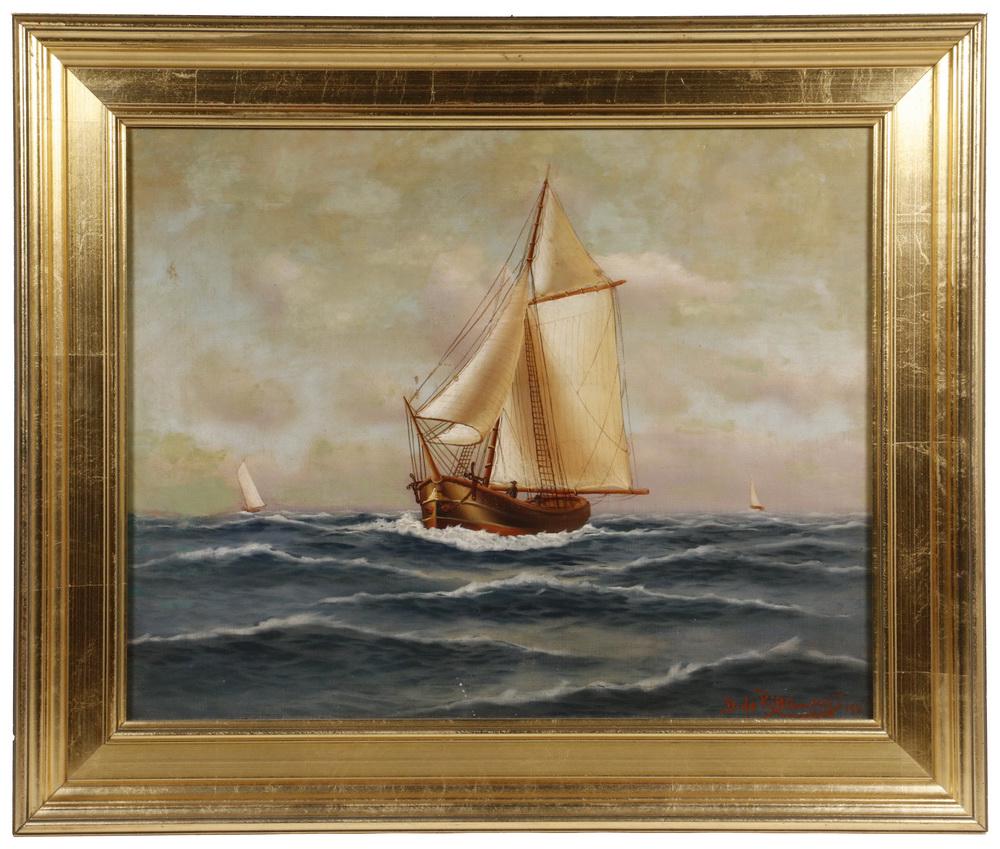 RICHARD DEY DE RIBCOWSKY (CA/ARGENTINA/EUROPE/BULGARIA,: Approaching Sailboat, oil on canvas, signed 'D. De Ribcowsky' and dated 1911 lower right, depicting an approaching boat with man on deck and sails fully rigged, two boats in the distance, in a gilded 