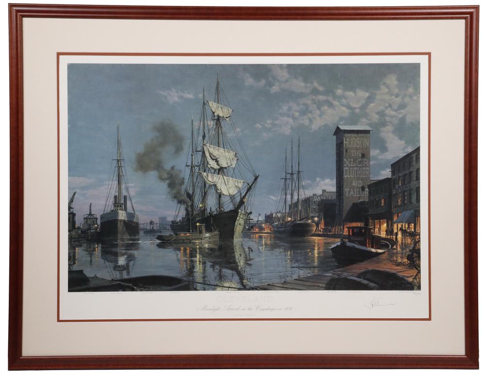 JOHN STOBART (MA/FL, 1929 - ): "Cleveland, Midnight Arrival on the Cuyahoga ca. 1876", limited edition print, offset color litho, published by Maritime Heritage Prints, pencil signed and numbered 948/950, dated 1988 in the print, i