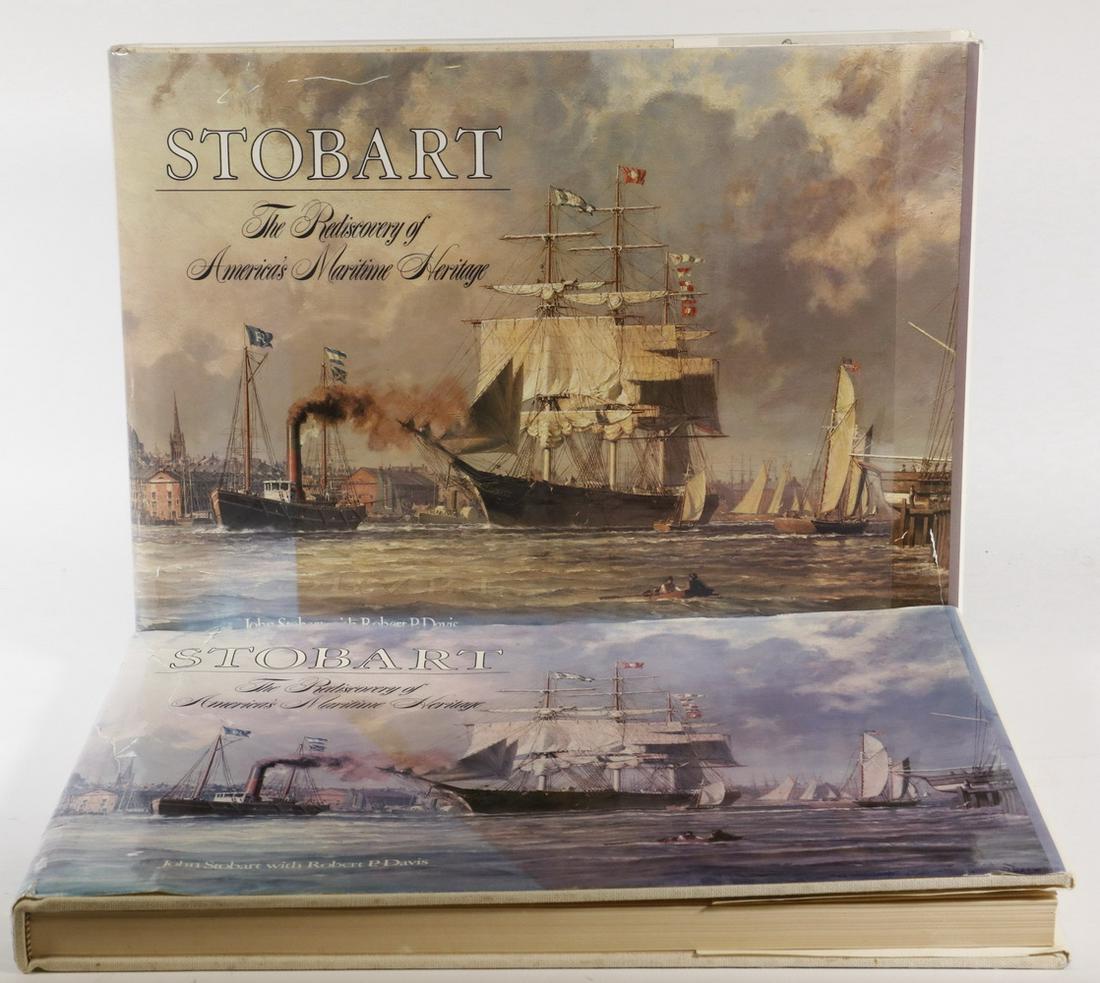 (2 COPIES) SIGNED LARGE FOLIO BOOKS ON MARITIME ART BY: STOBART, John; with Robert P. Davis "Stobart, The Rediscovery Of America's Maritime Heritage", New York: E.P. Dutton, 1985. Original linen cloth binding with gilt lettering. Book and dust jacket excep