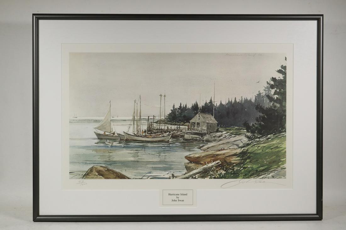 JOHN SWAN (ME, 1948 -): "Hurricane Island", offset lithograph from a watercolor, signed in print, pencil signed and numbered 49/1000, in pewter bullnose frame, matted under non-glare glass, OS: 20 1/2" x 29", image: 12 1/2"