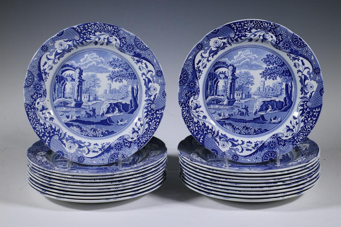 (20) SPODE "BLUE ITALIAN" PLATES: Set of (20) Blue Italian Pattern English China Dinner Plates by Spode, 20th c., 10 1/2" diam. Good condition.